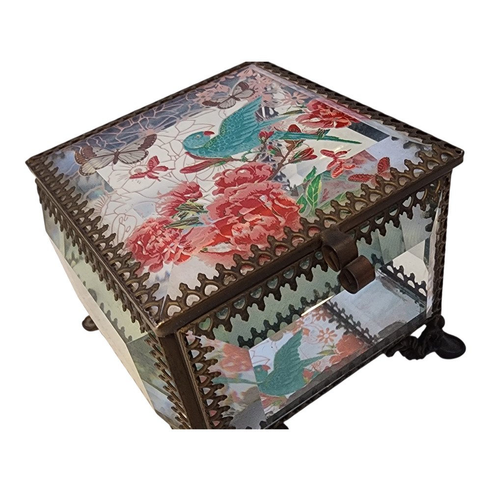 Nicole Miller Glass Trinket Box Bird Floral Jewelry Box Vintage Style Keepsake - Picture 3 of 11